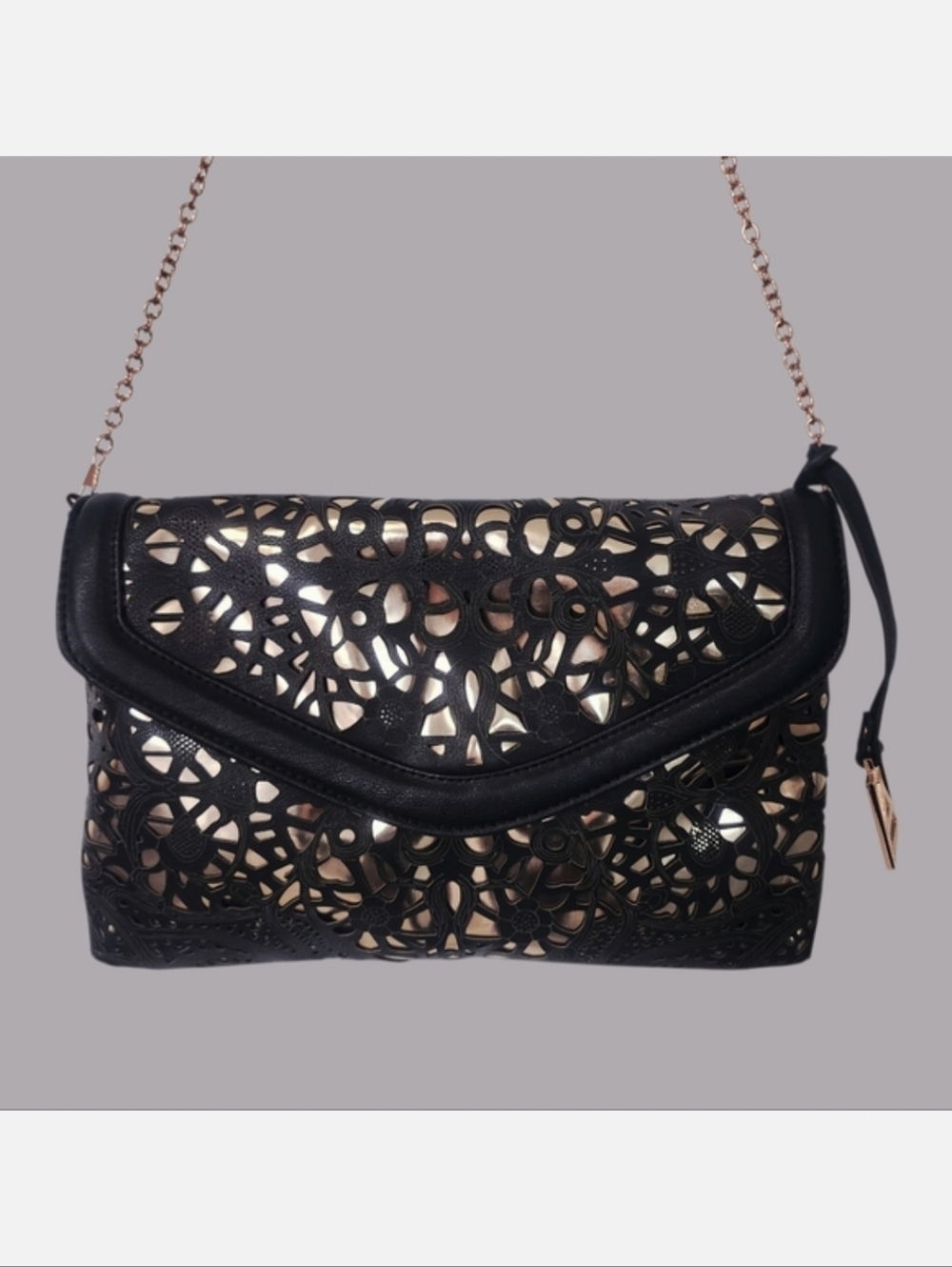 Attitude Envelope Clutch Black & Rose Gold Chain Strap